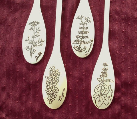 Four Herbal/ Botanical Spoons - Your choice - hand-drawn and hand-burned