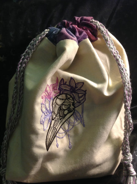 Embroidered Bird Skull/Flower Motif Pouch