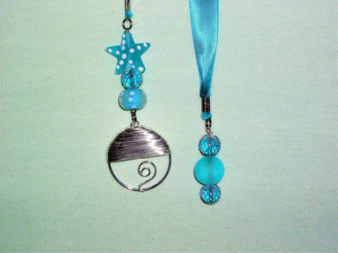 Blue bookmark with sea glass beads and silver pendant