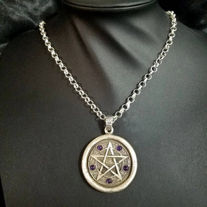 large sterling silver pentacle with amethyst