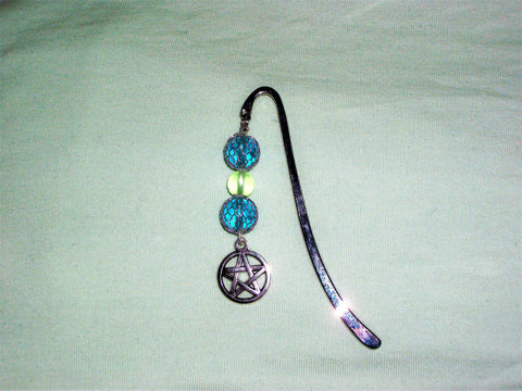Silver metal bookmark with blue beads and pentagram charm