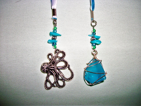 Blue bookmark with sea glass and octopus pendants